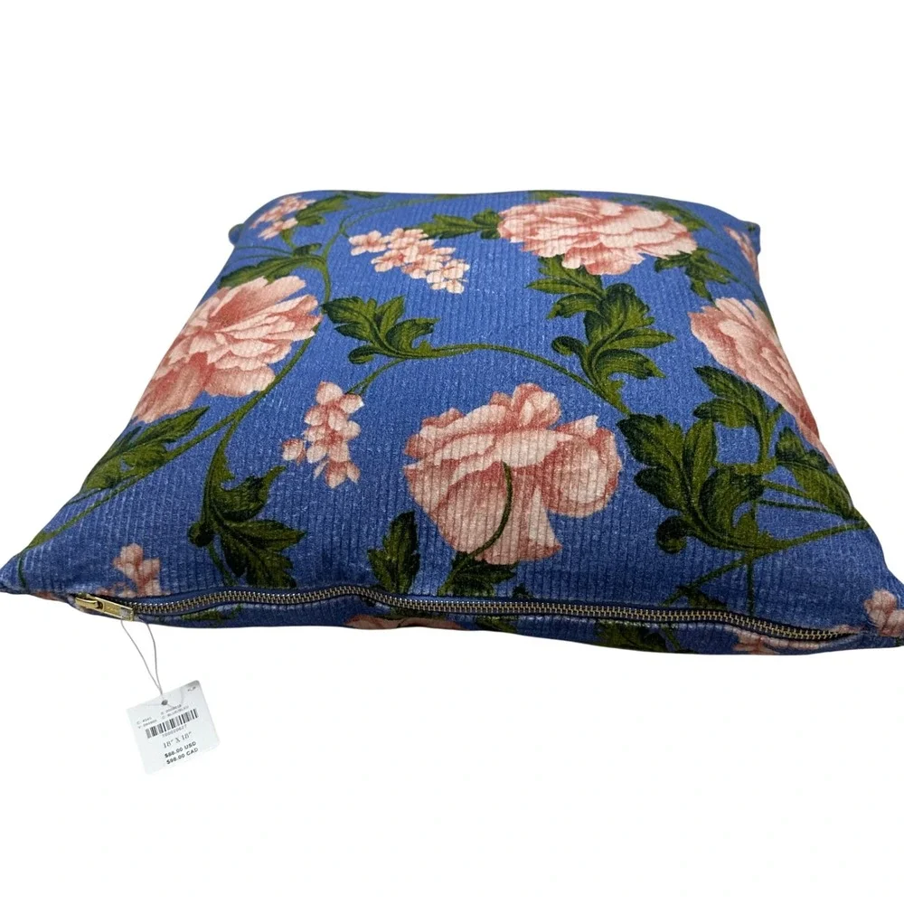Anthropologie Floral‎ Celia Velvet Throw Pillow Blue Pink 100% Cotton Cord 18x18